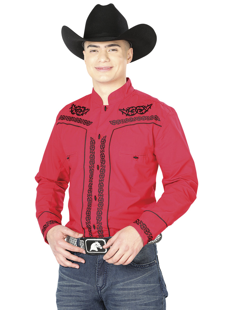 Men's El Señor de los Cielos Charro Embroidery Shirt, Red/Black, 40786