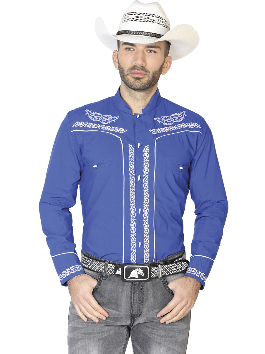 Men's El Señor de los Cielos Charro Embroidery Shirt, Royal Blue/White, 42878