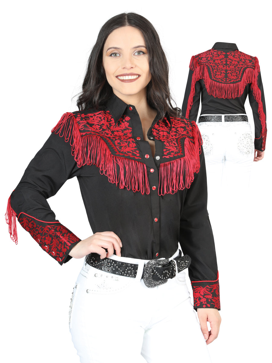 Women's Fringe Black Embroidered Western-Style Blouse 44178