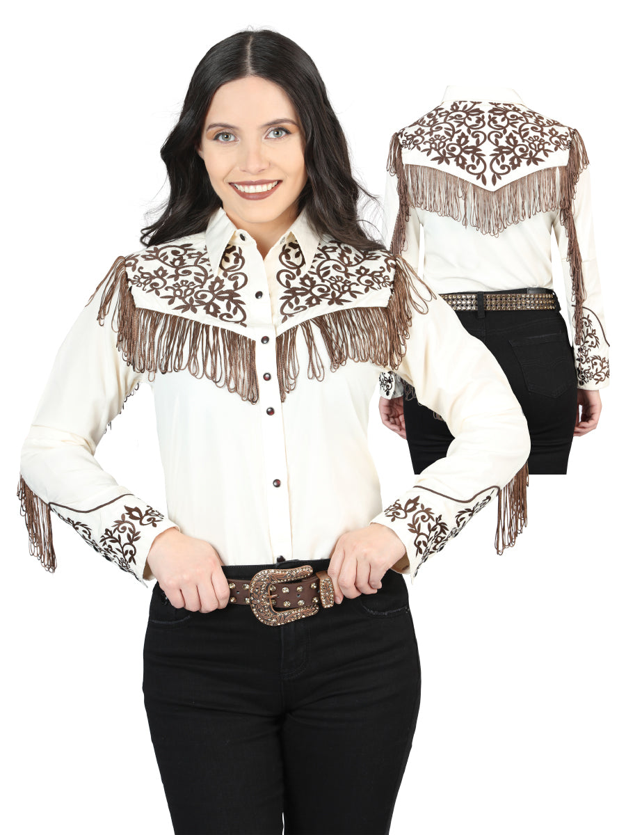 Women's Fringe Beige Embroidered Western-Style Blouse 44183
