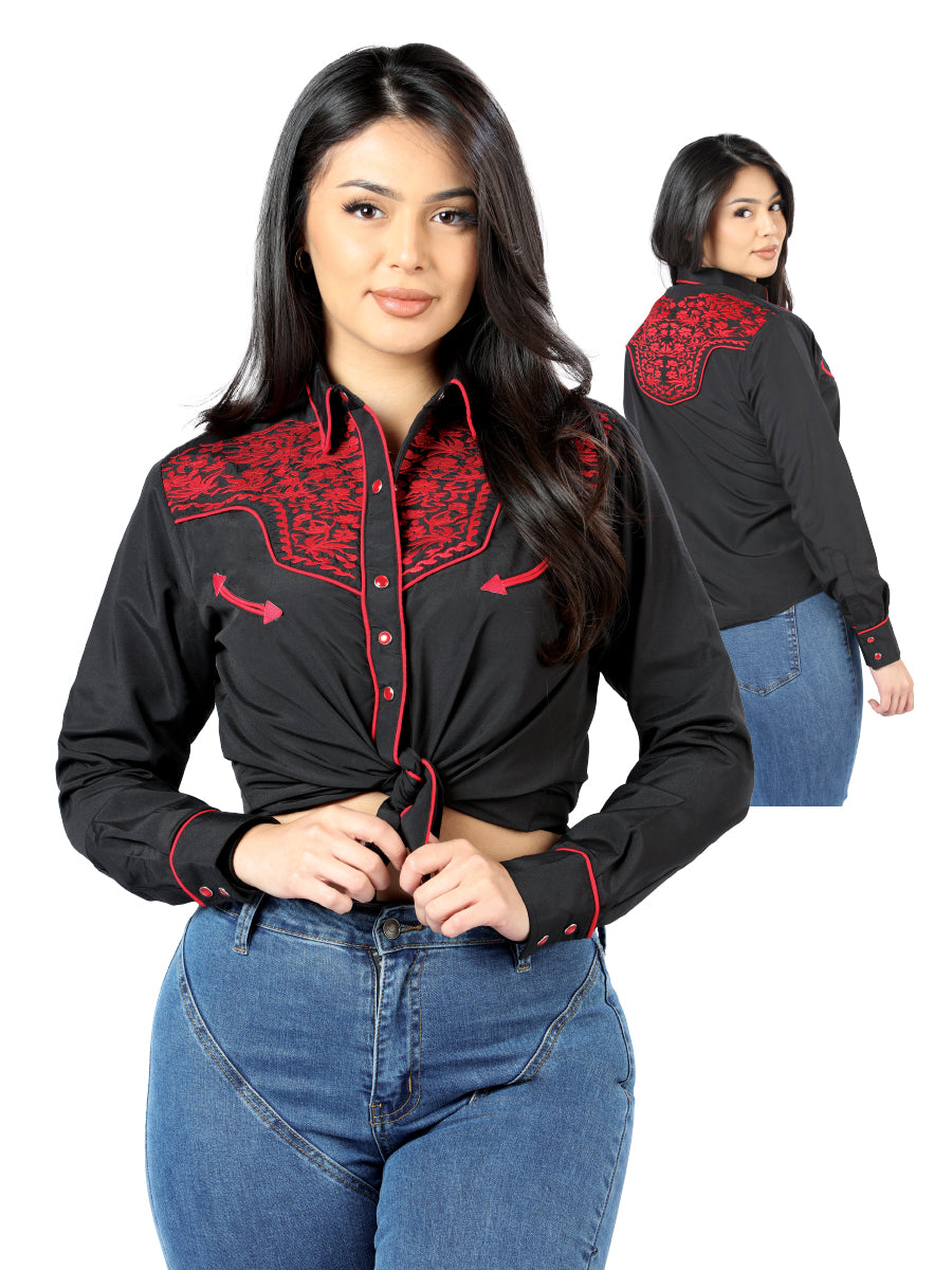 Women's Black Embroidered Western-Style Blouse 44186