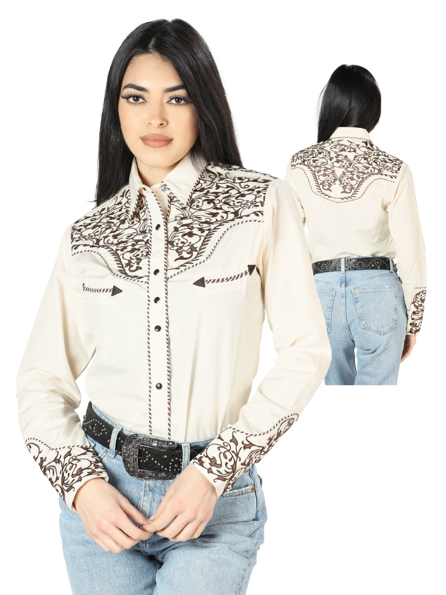 Women's Beige Embroidered Western-Style Blouse 44191