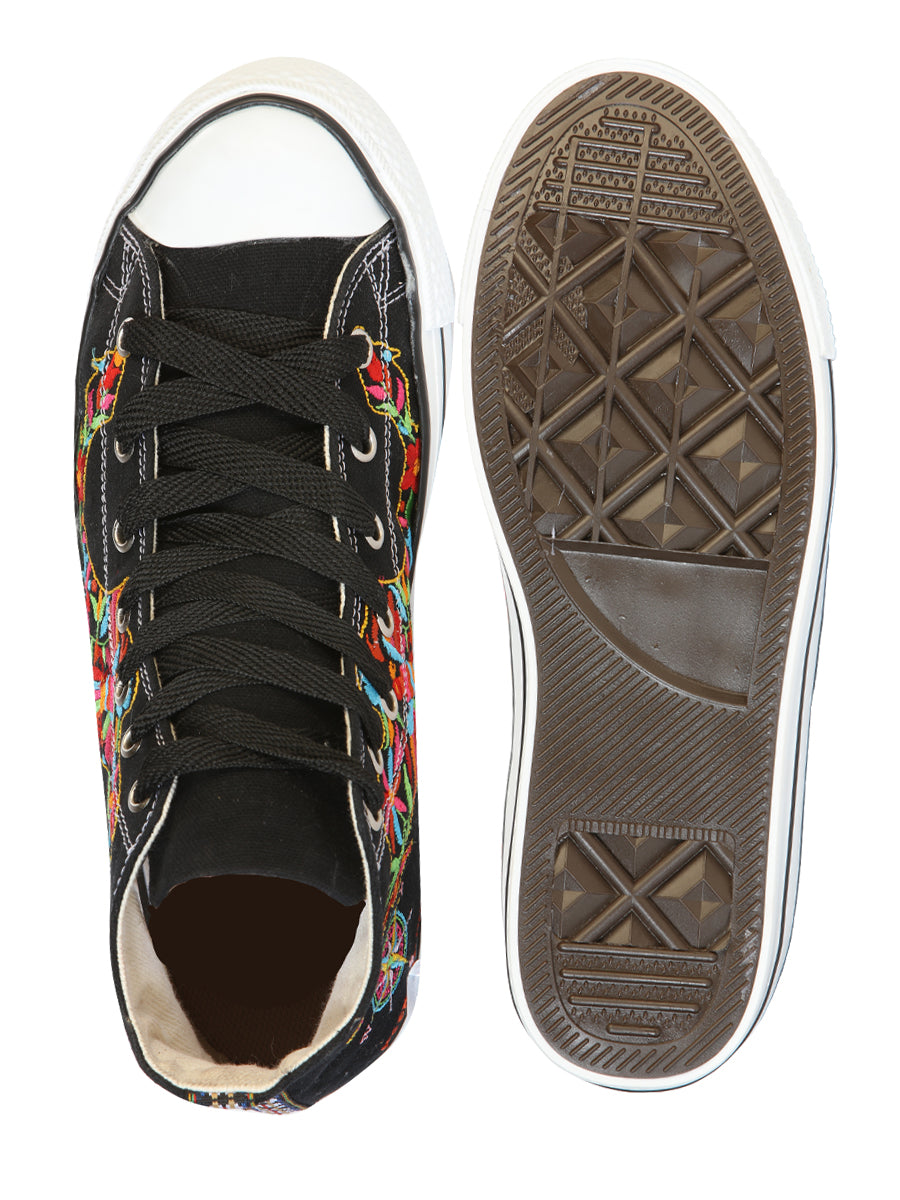Artisanal Embroidered Sneakers, Textile Canvas, Black, 602780