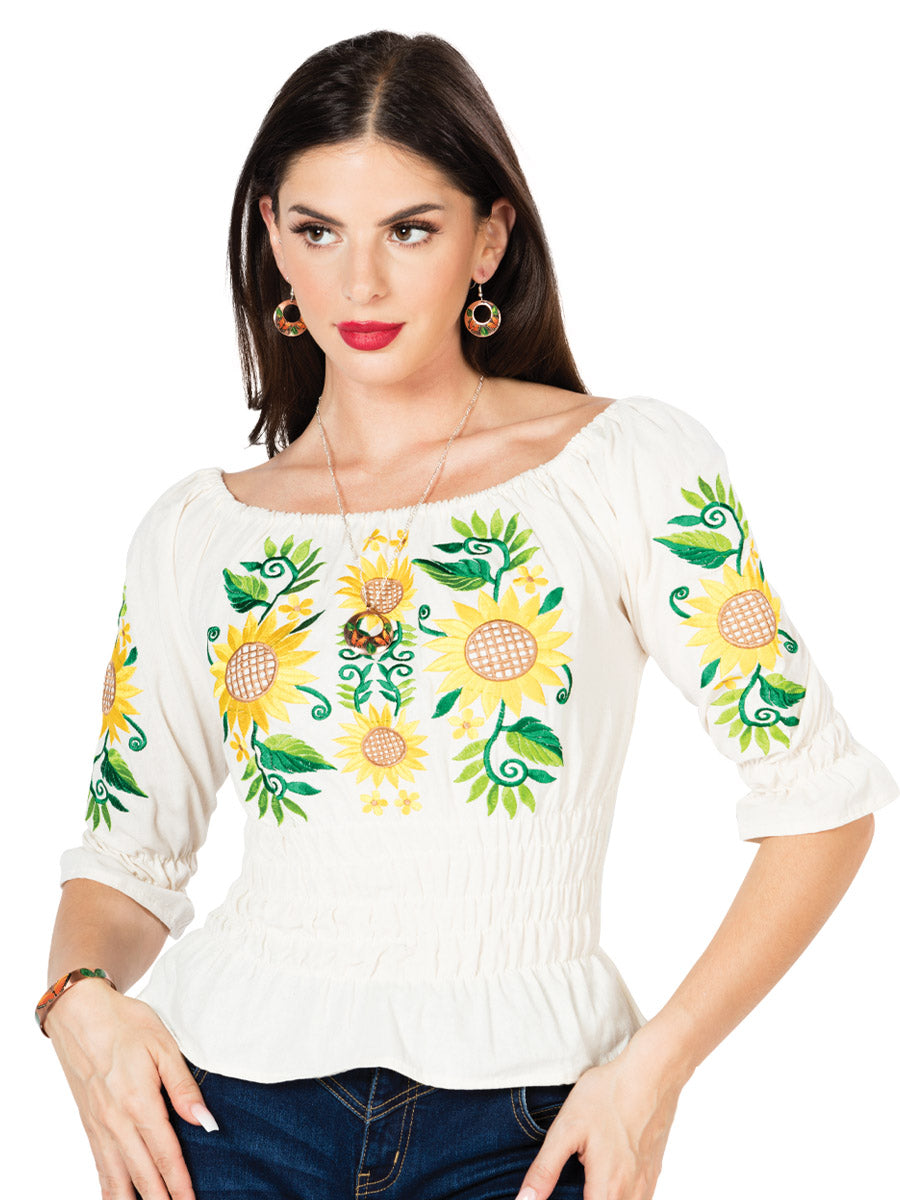 Artisanal Embroidered Blouse 100% Cotton Beige 603046