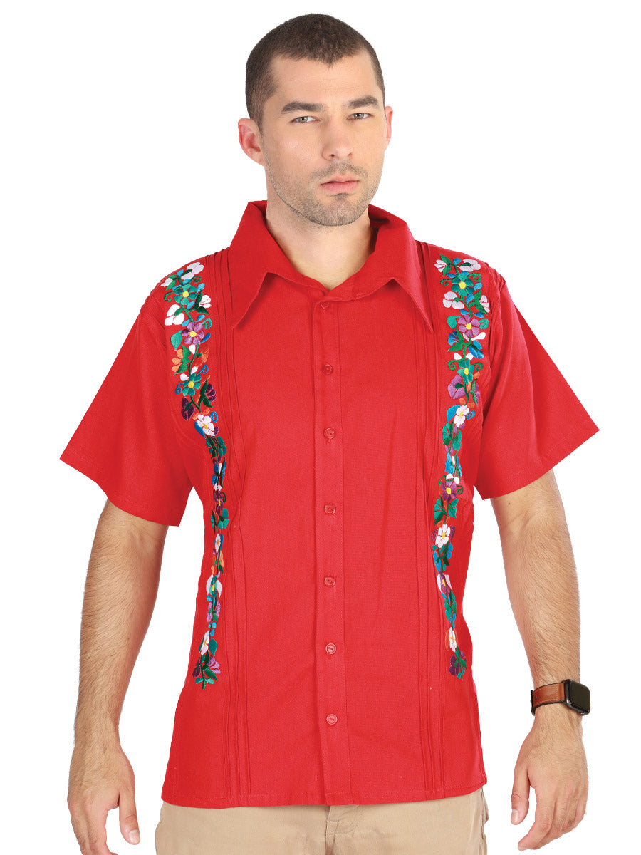 Mexican Embroidered Guayabera Shirt, 100% Cotton, Red, 603111