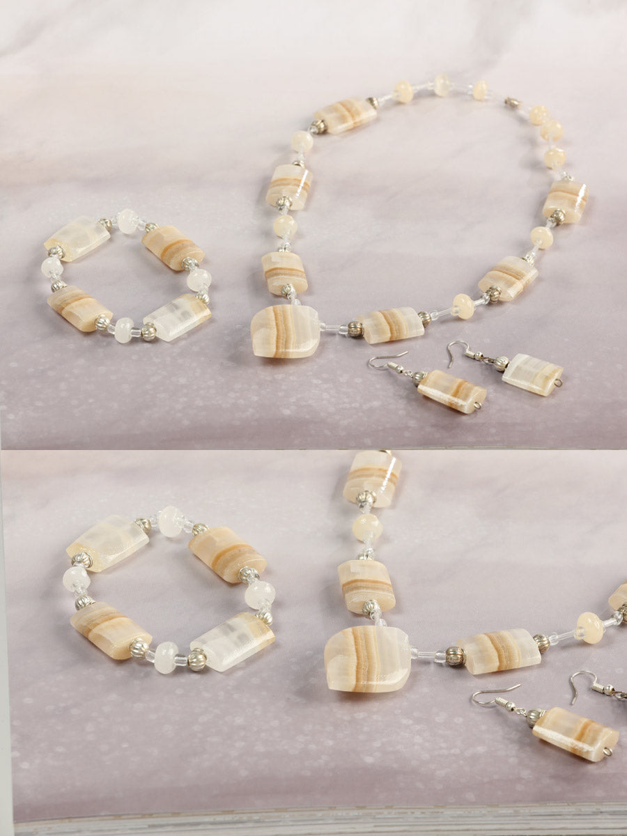 Artisanal Set Earrings-Necklace-Bracelet Onyx Stone Natural/Caramel 603144