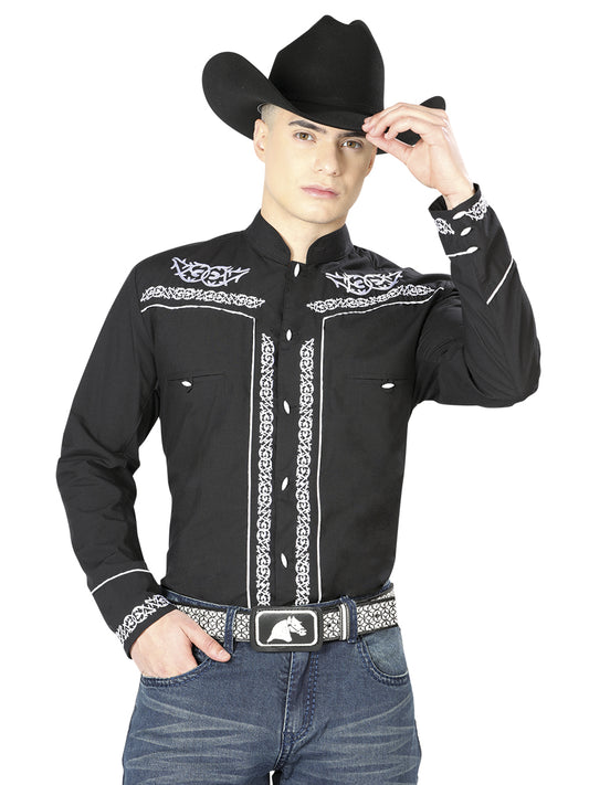 Men's El Señor de los Cielos Charro Embroidery Shirt, Black/White, 40782