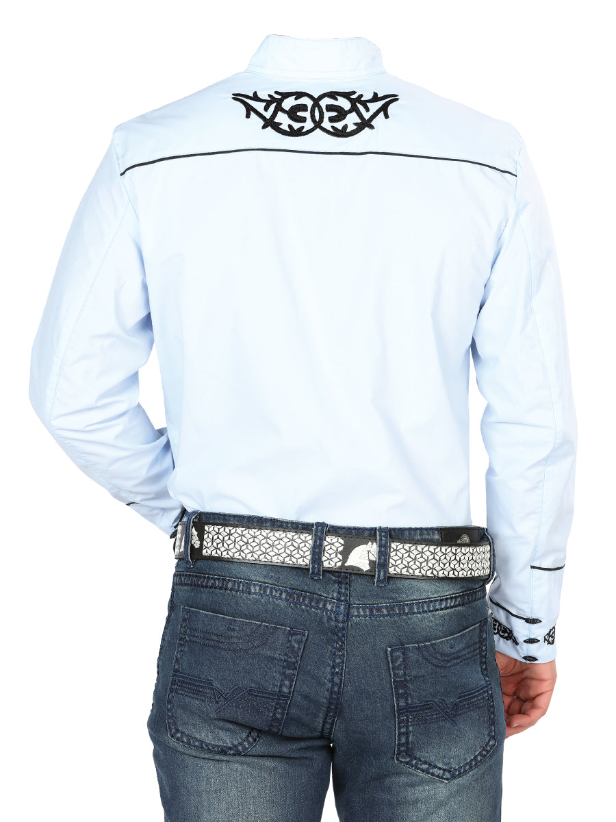 Men's El Señor de los Cielos Charro Embroidery Shirt, Blue/Black, 40785