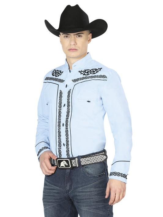 Men's El Señor de los Cielos Charro Embroidery Shirt, Blue/Black, 40785