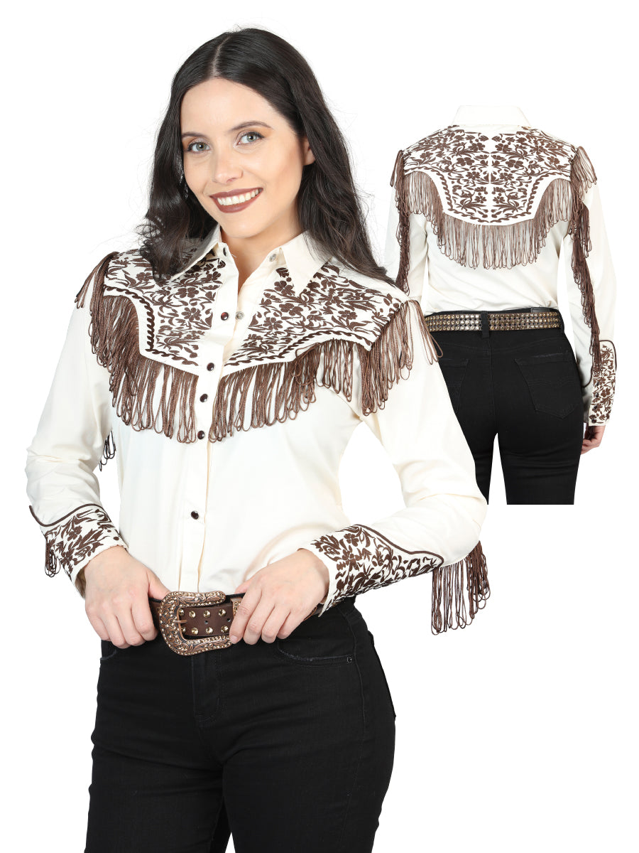 Women's Fringe Beige Embroidered Western-Style Blouse 44180