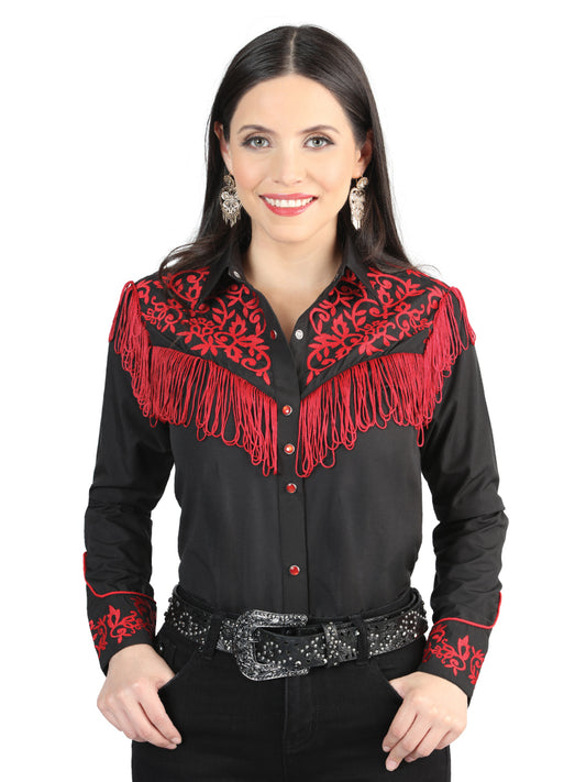 Women's Fringe Black Embroidered Western-Style Blouse 44181