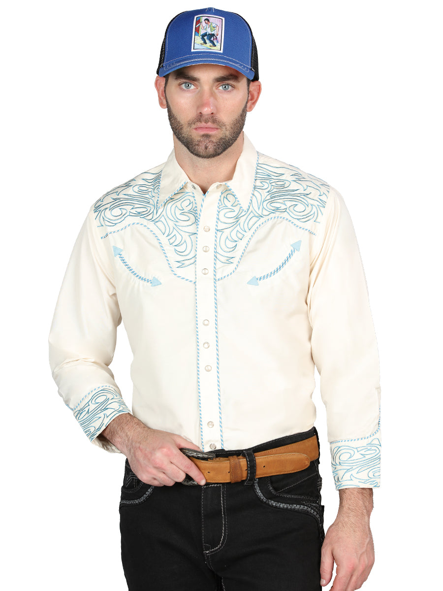 El General Embroidered Western Shirt Beige/Blue 44199
