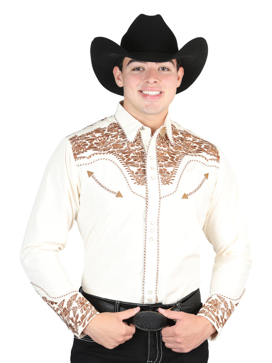 El Señor De Los Cielos Embroidered Shirt Beige/Dark Camel 44336