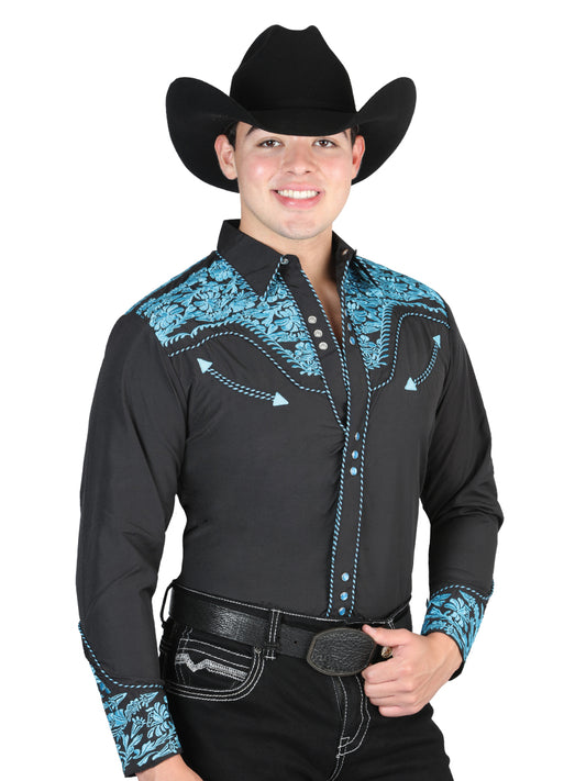 El Señor De Los Cielos Embroidered Shirt Black/Blue 44337