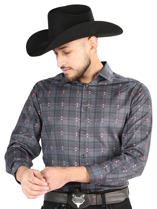 El General - Casual Long Sleeve Shirt - Gray/Brown 44708