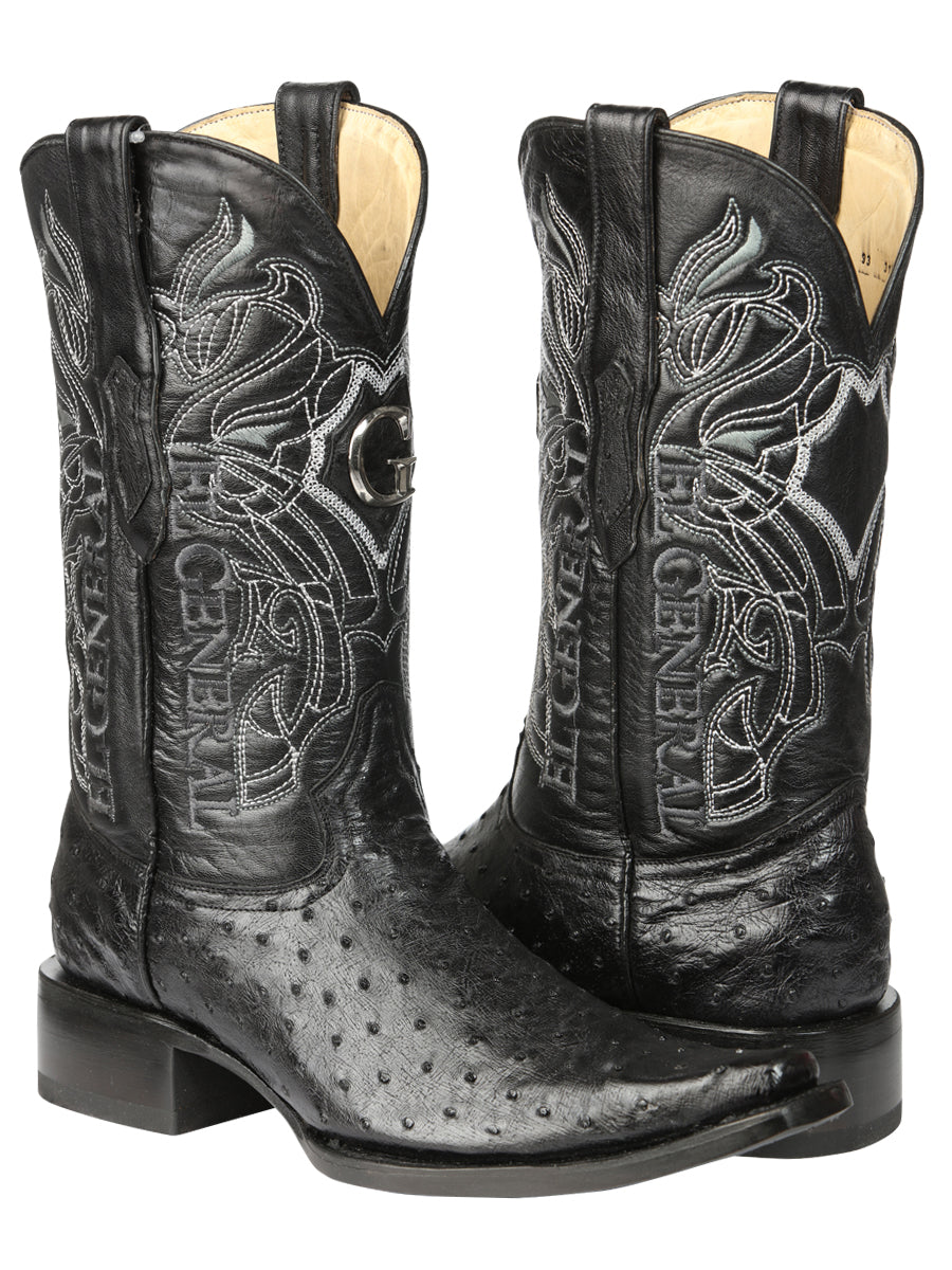 El General Men's Exotic Ostrich Leather Cowboy Boots - Black 45075