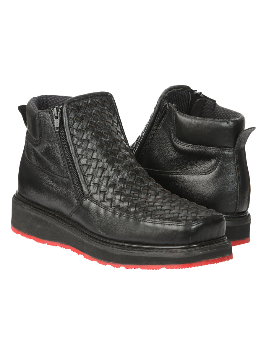 El General Men's Black Woven Ankle Boots with Zipper 45183
