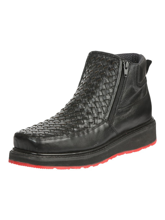 El General Men's Black Woven Ankle Boots with Zipper 45183