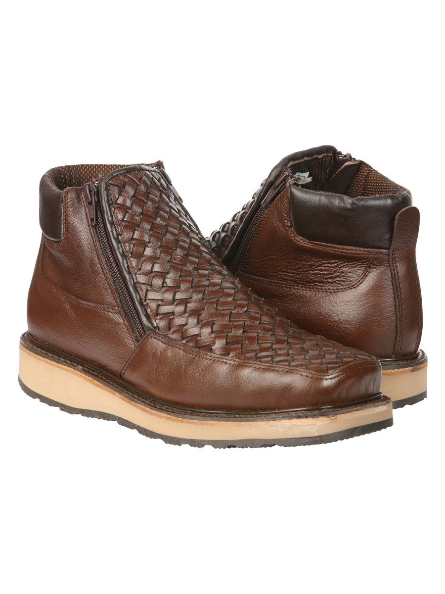 El General Men's Brown Woven Ankle Boots with Zipper 45184