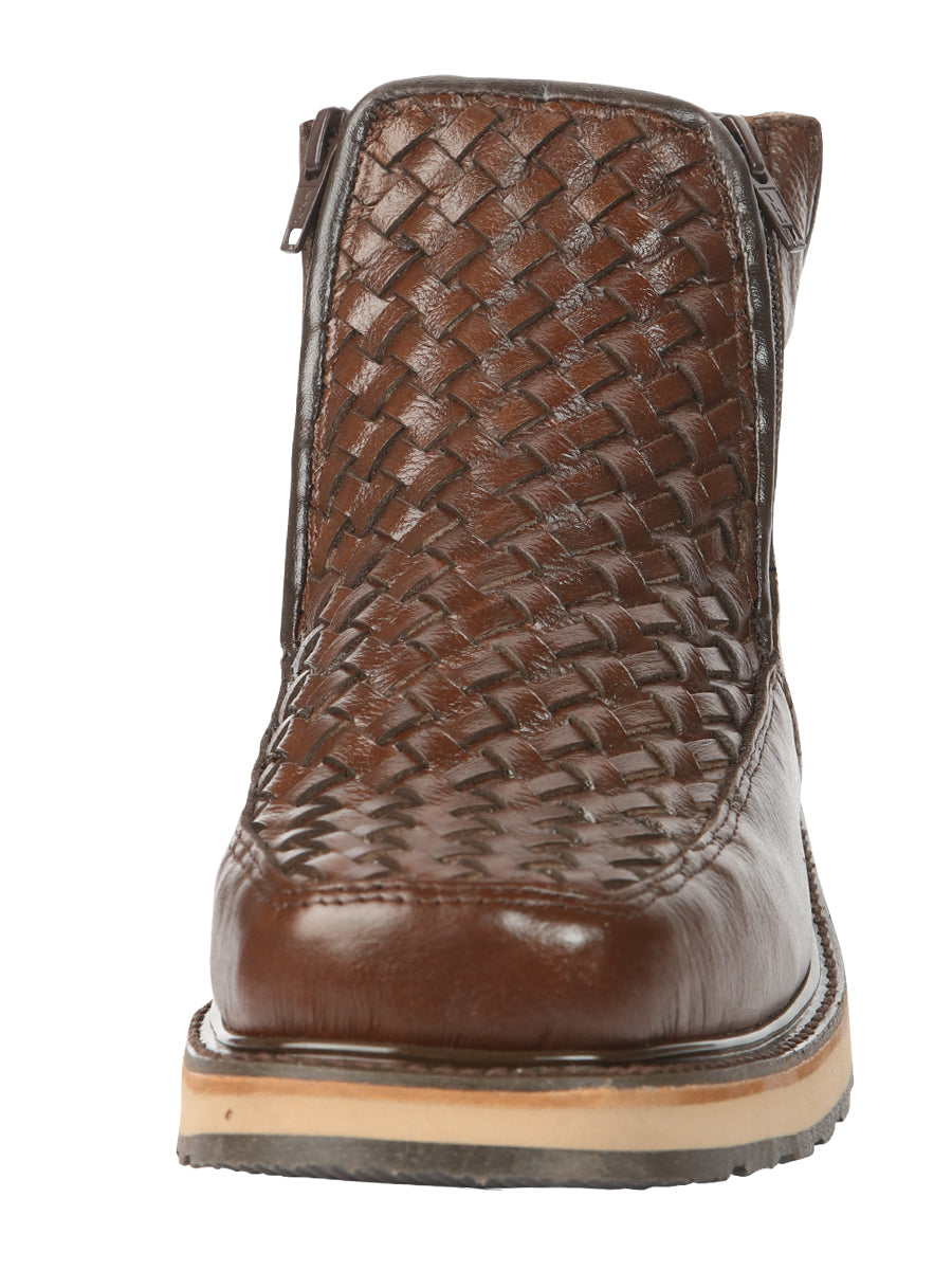 El General Men's Brown Woven Ankle Boots with Zipper 45184