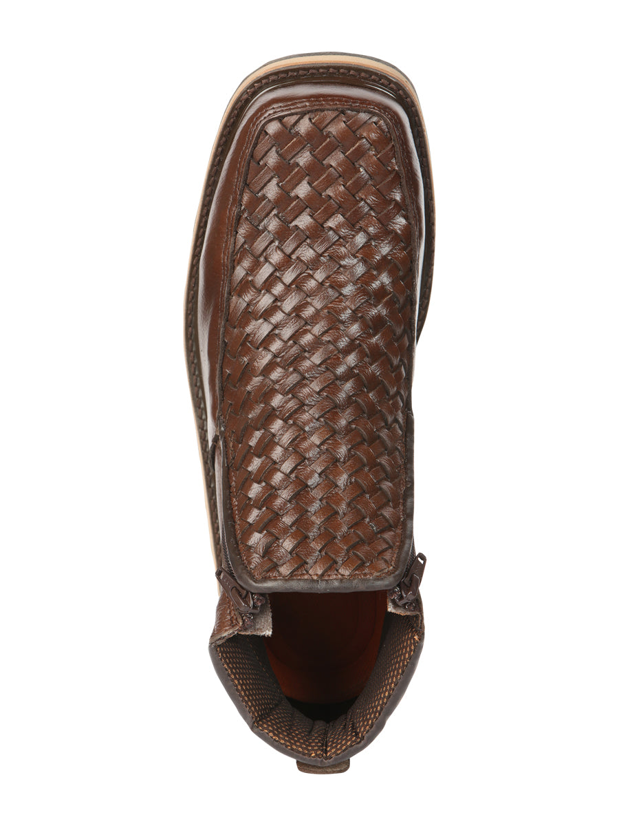 El General Men's Brown Woven Ankle Boots with Zipper 45184