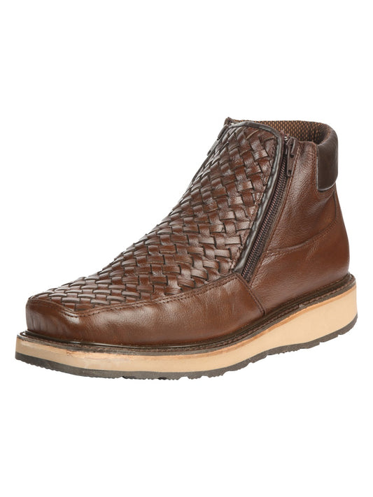 El General Men's Brown Woven Ankle Boots with Zipper 45184