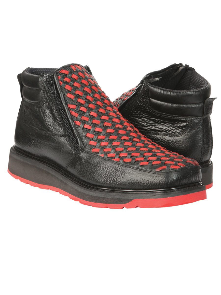 El General Men's Ankle Boots with Zipper - Black/Red Petatillo Leather 45402