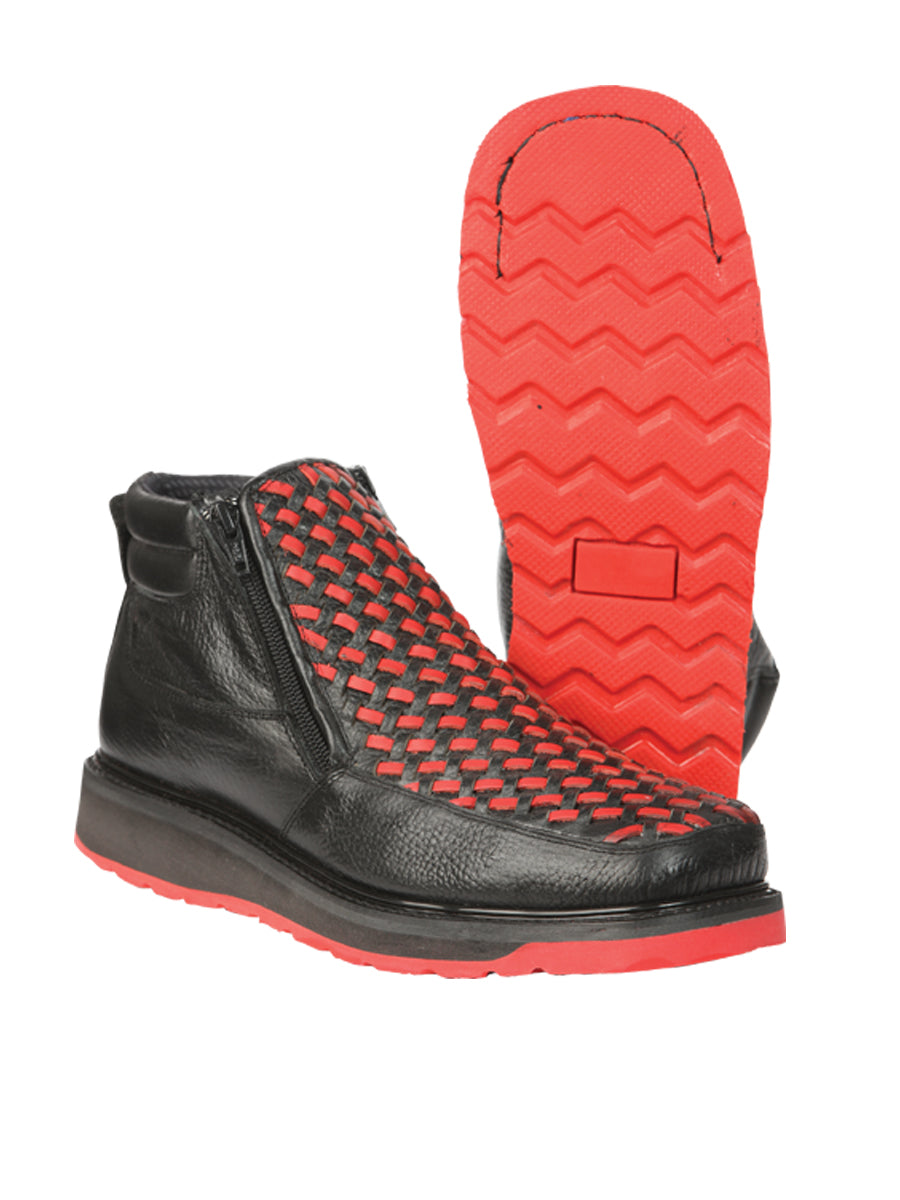 El General Men's Ankle Boots with Zipper - Black/Red Petatillo Leather 45402