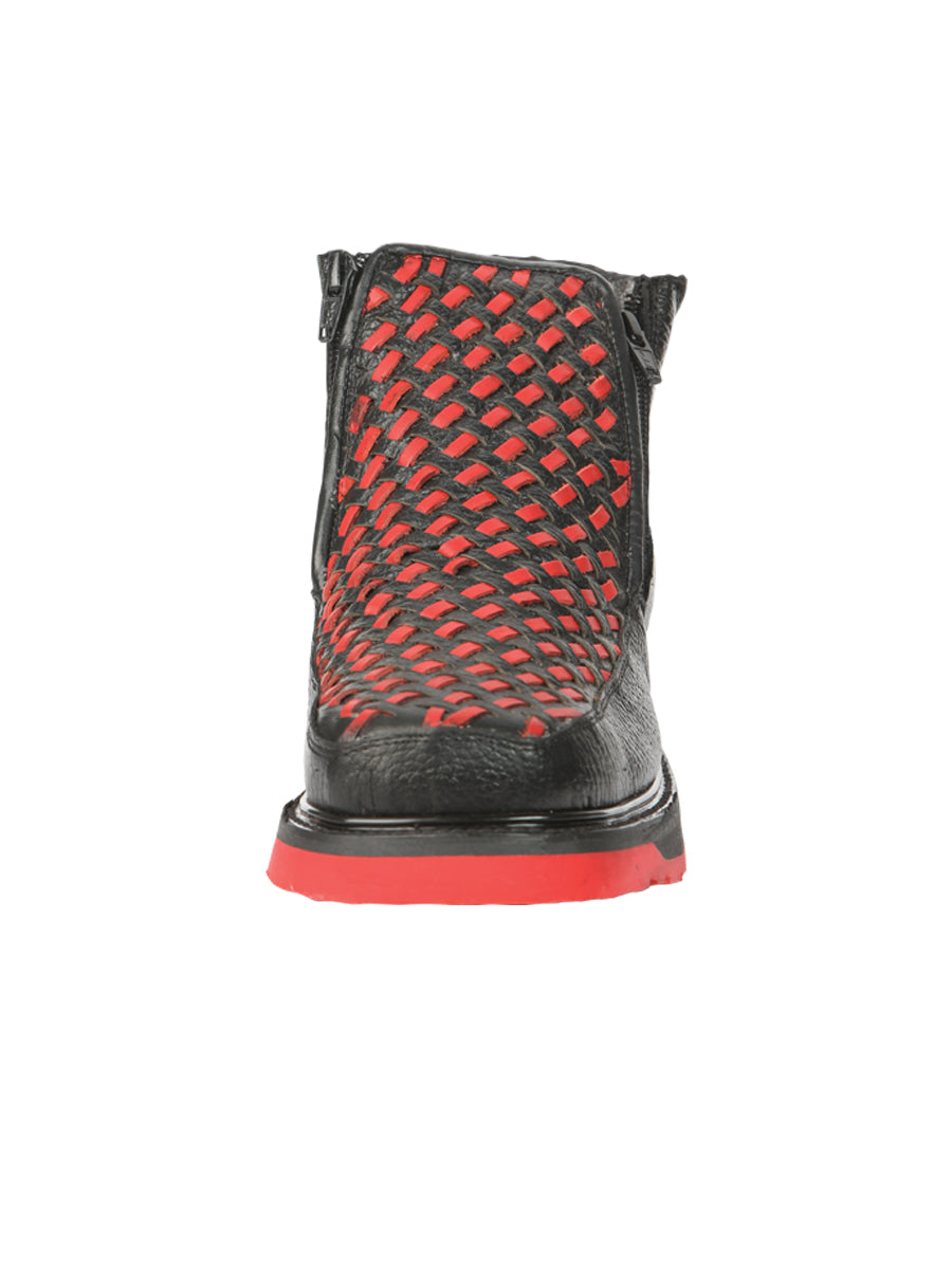 El General Men's Ankle Boots with Zipper - Black/Red Petatillo Leather 45402