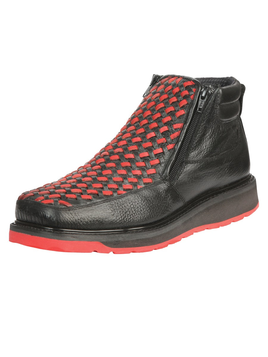 El General Men's Ankle Boots with Zipper - Black/Red Petatillo Leather 45402