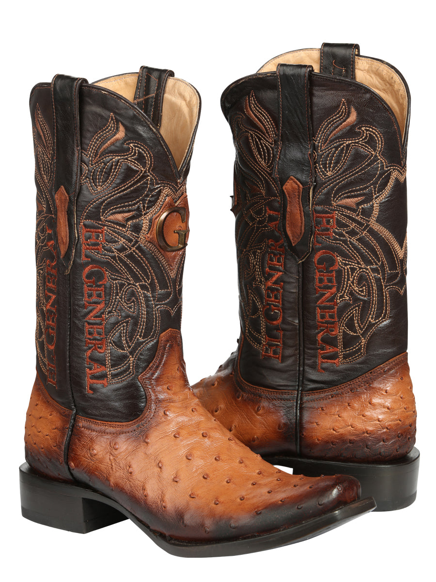El General Men's Exotic Ostrich Leather Cowboy Boots - Cognac 45517