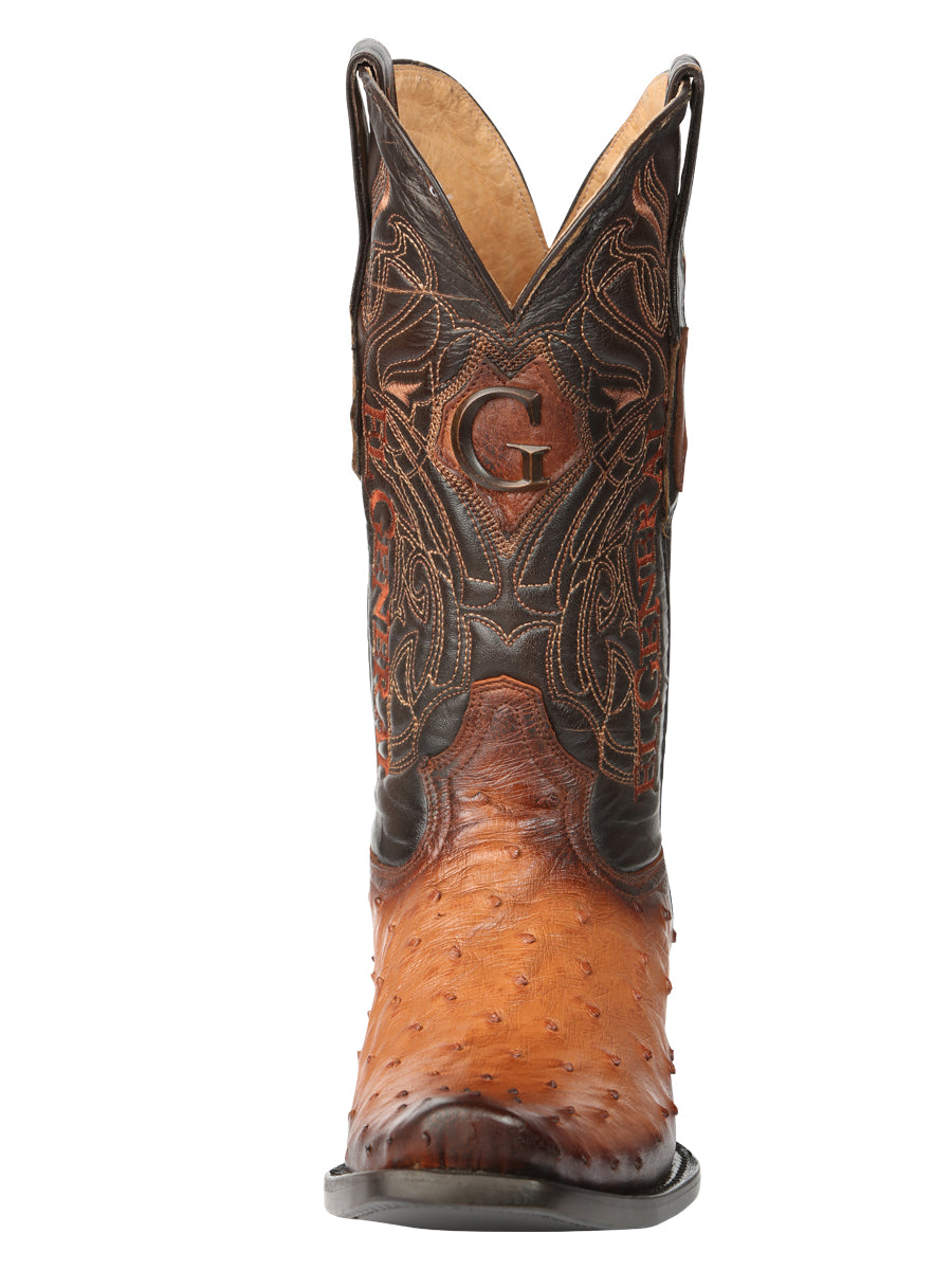 El General Men's Exotic Ostrich Leather Cowboy Boots - Cognac 45517