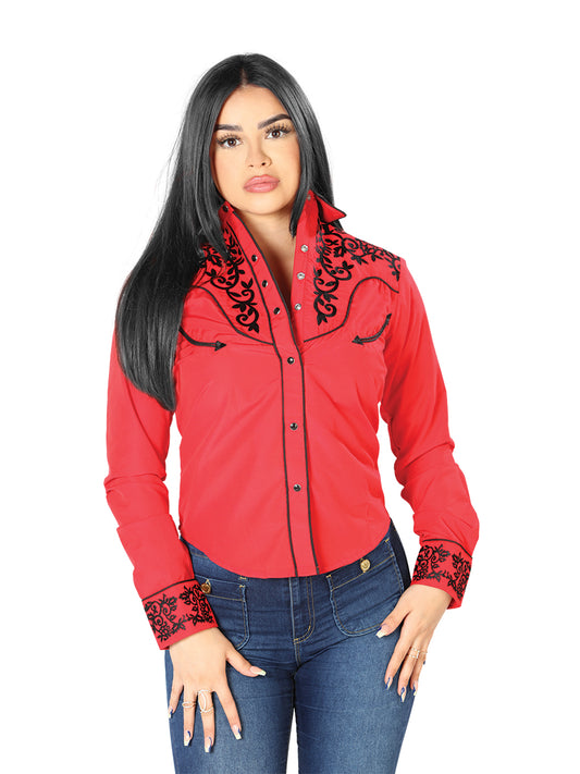 Women's Red Embroidered Western-Style Blouse 126670