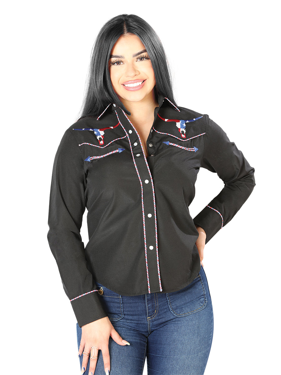 Women's Black Embroidered Western-Style Blouse 126680