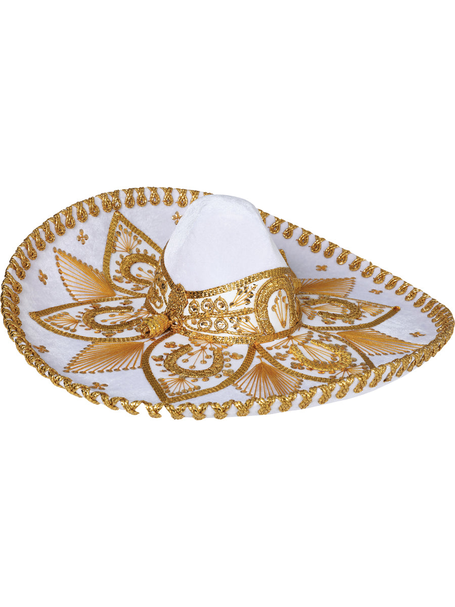 Adult Mexican Charro Hat, Velvet, White/Gold 600758