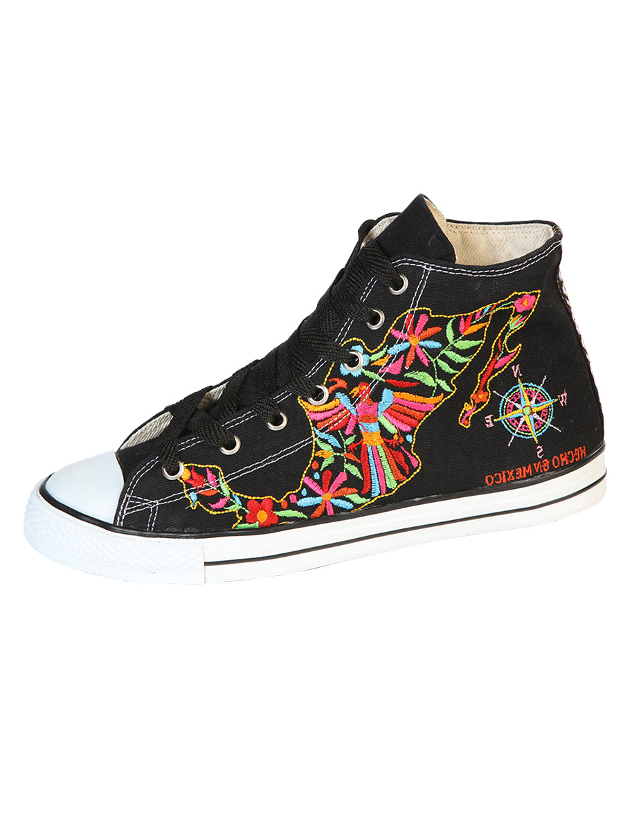 Artisanal Embroidered Sneakers, Textile Canvas, Black, 602780