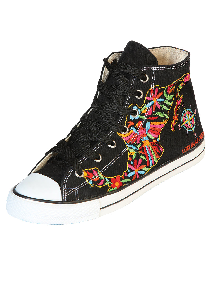 Artisanal Embroidered Sneakers, Textile Canvas, Black, 602780