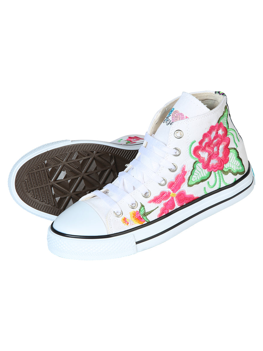 Artisanal Embroidered Sneakers, Textile Canvas, White, 602781