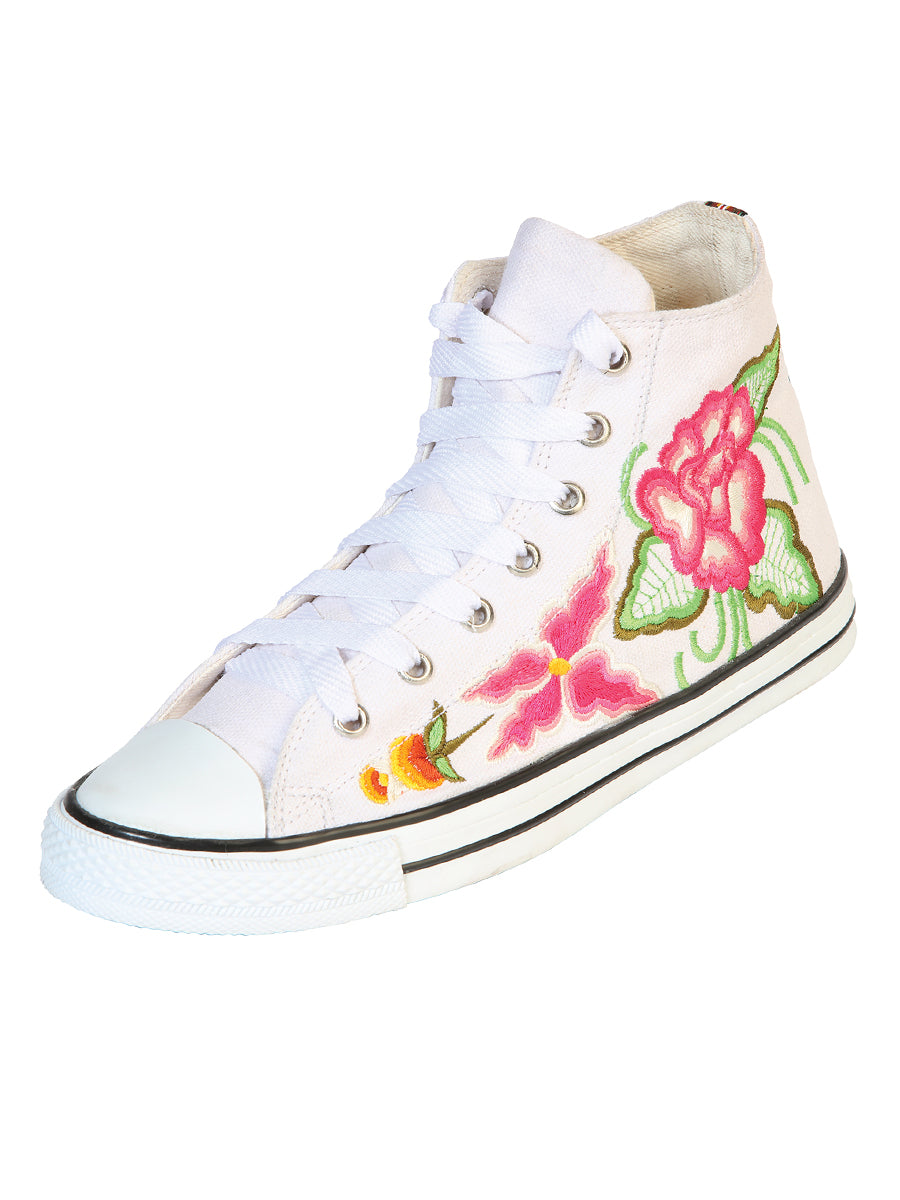 Artisanal Embroidered Sneakers, Textile Canvas, White, 602781