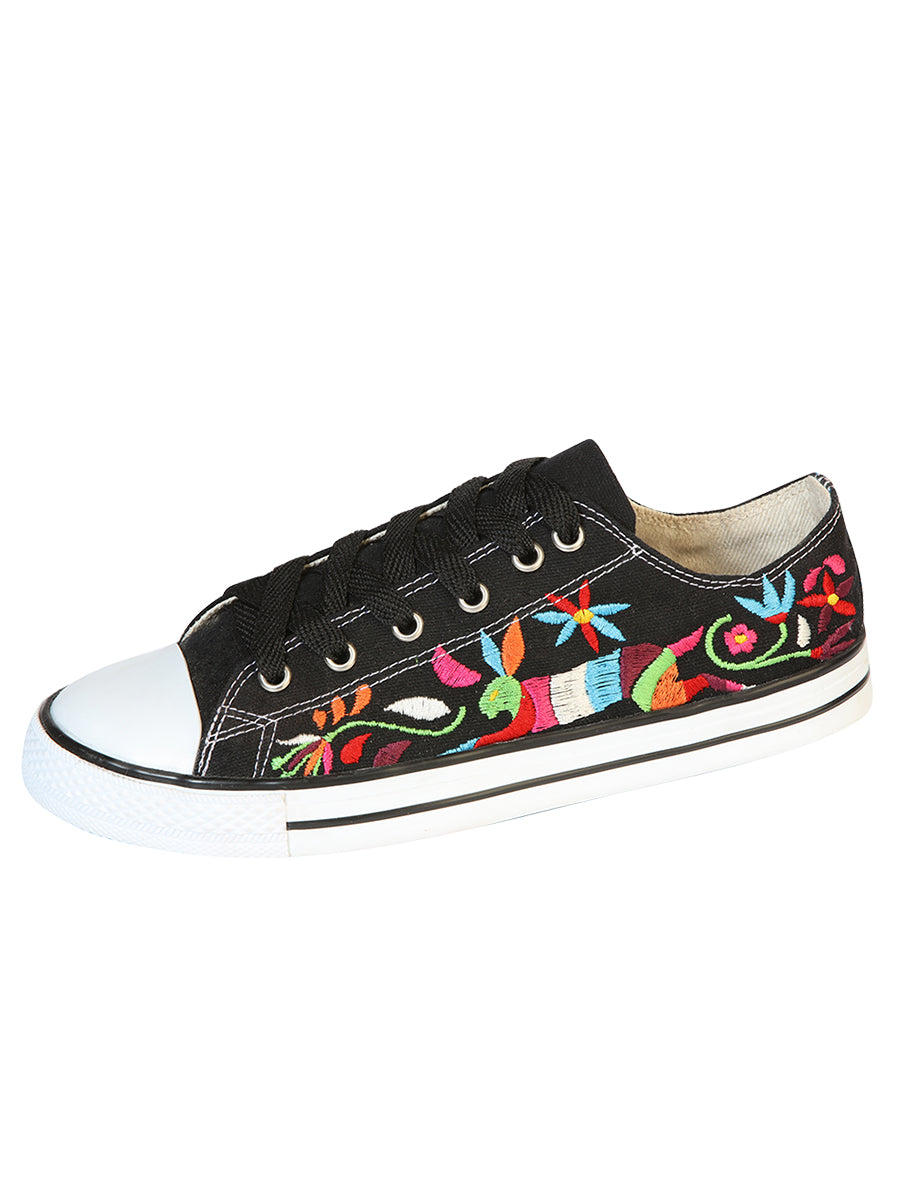 Artisanal Embroidered Sneakers, Textile Canvas, Black, 602783