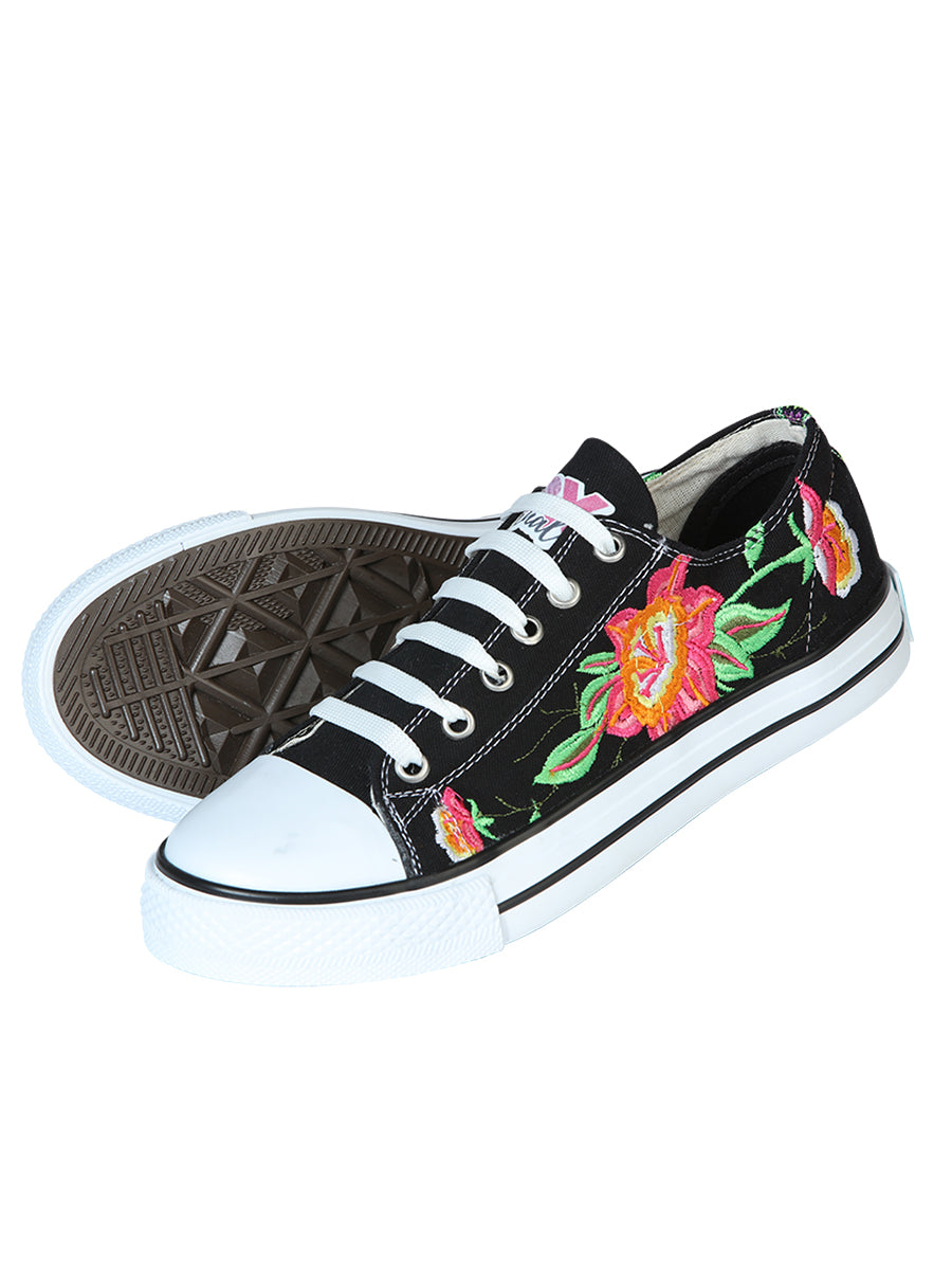 Artisanal Embroidered Sneakers, Textile Canvas, Black, 602784