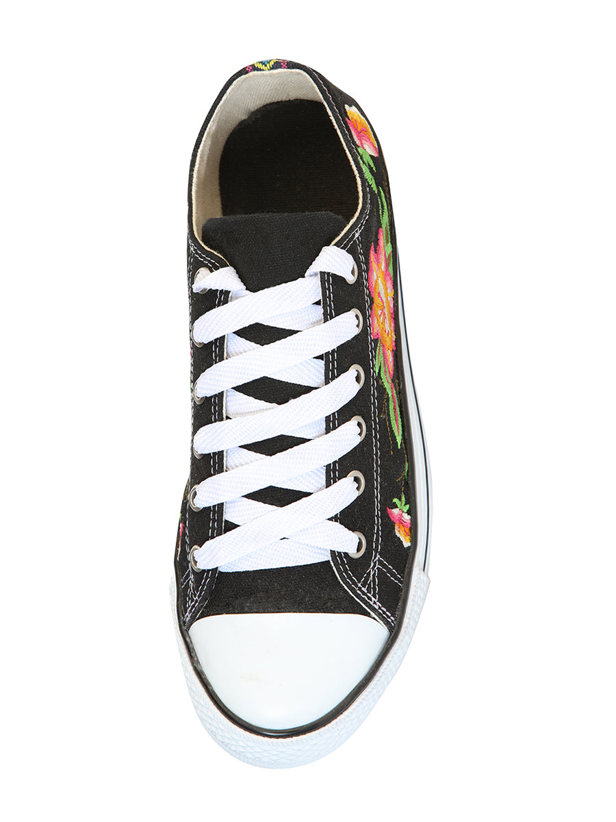 Artisanal Embroidered Sneakers, Textile Canvas, Black, 602784