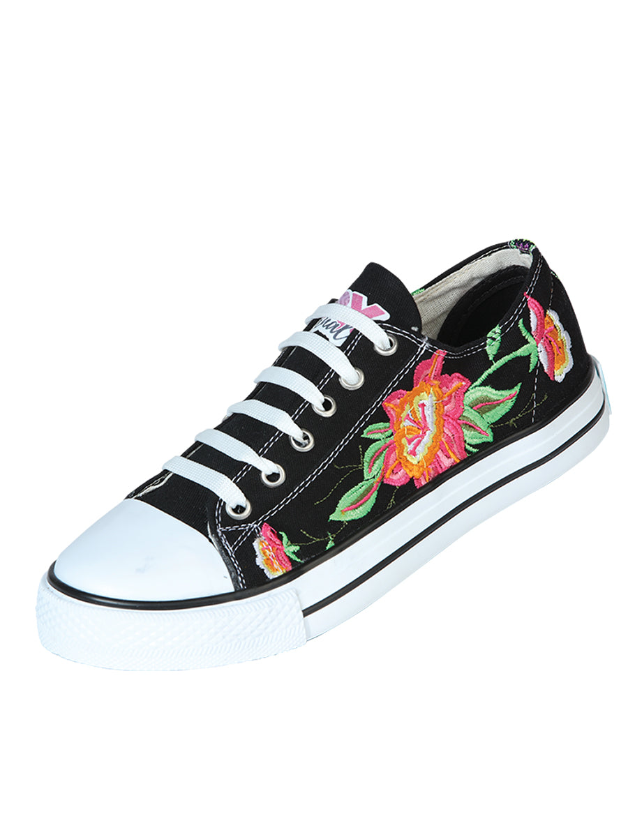 Artisanal Embroidered Sneakers, Textile Canvas, Black, 602784