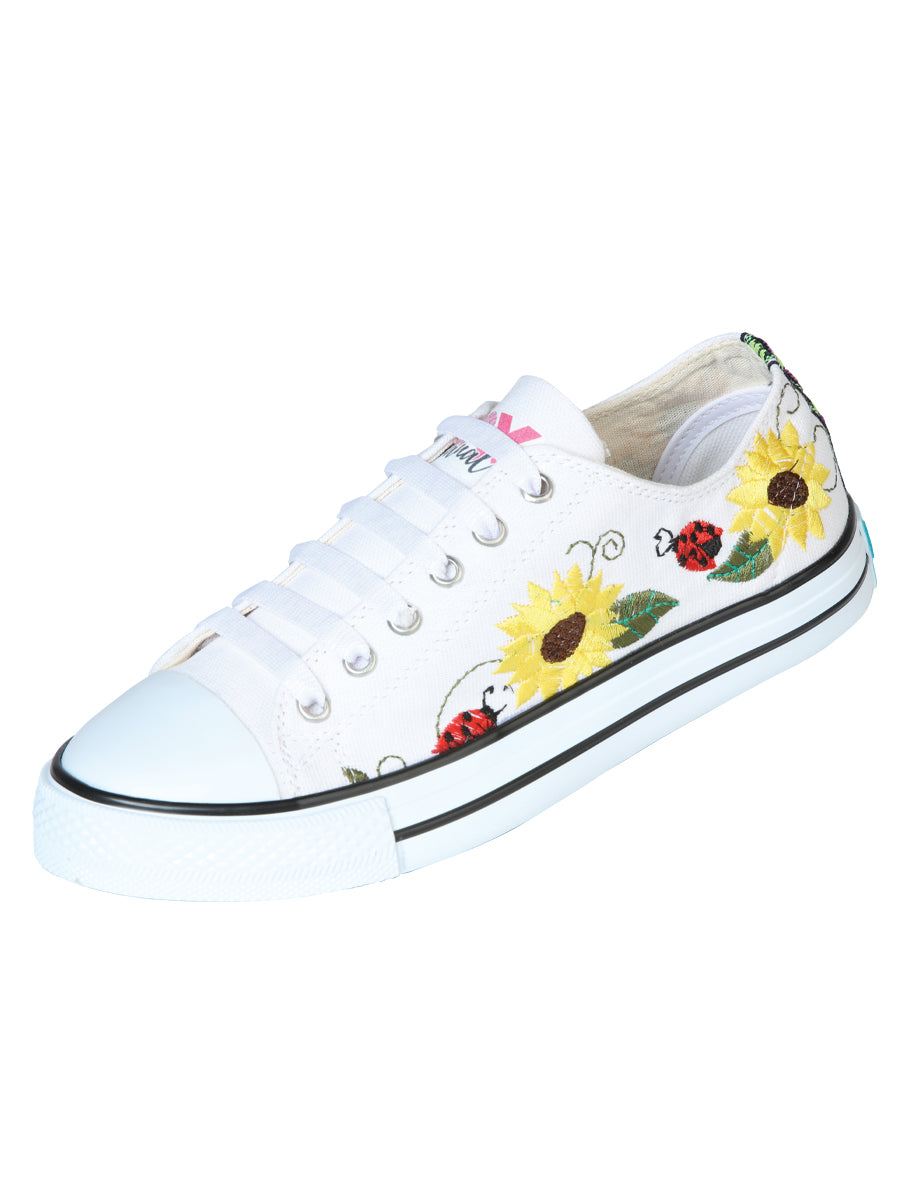 Artisanal Embroidered Sneakers, Textile Canvas, White, 602786