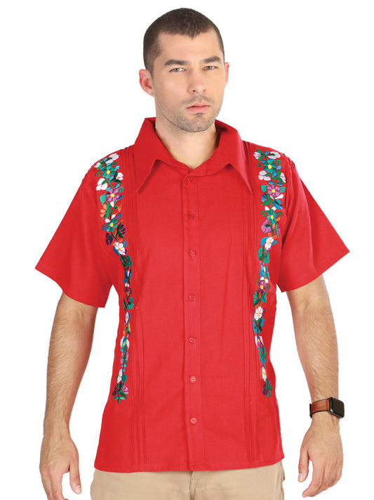 Mexican Embroidered Guayabera Shirt, 100% Cotton, Red, 603111
