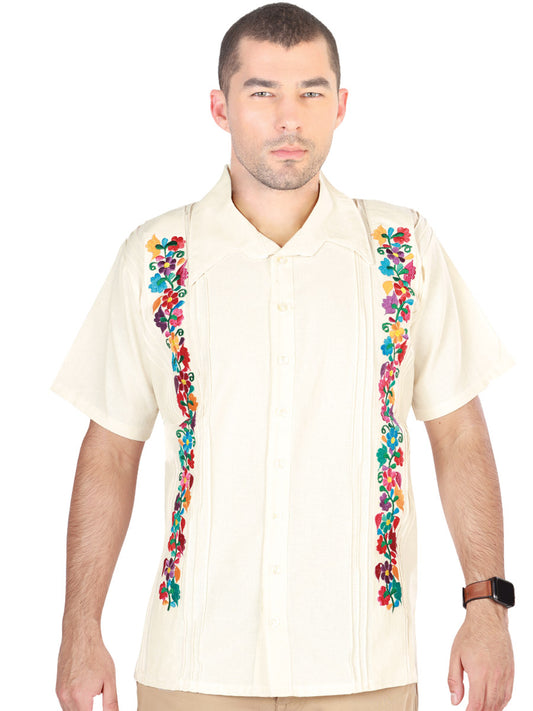 Mexican Embroidered Guayabera Shirt, 100% Cotton, Beige, 603112
