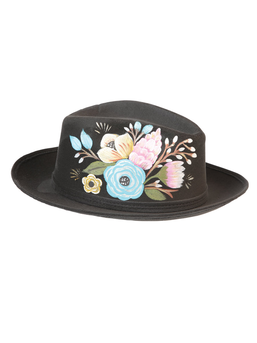 Artisanal Hand Painted Suede Hat, Black, 603820