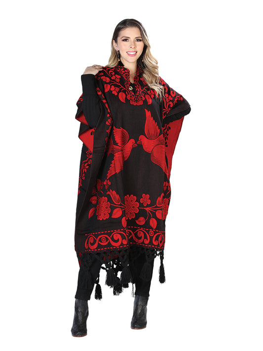Artisanal Mexican Poncho 92% Acrylic, 8% Polyester Black/Red 603831