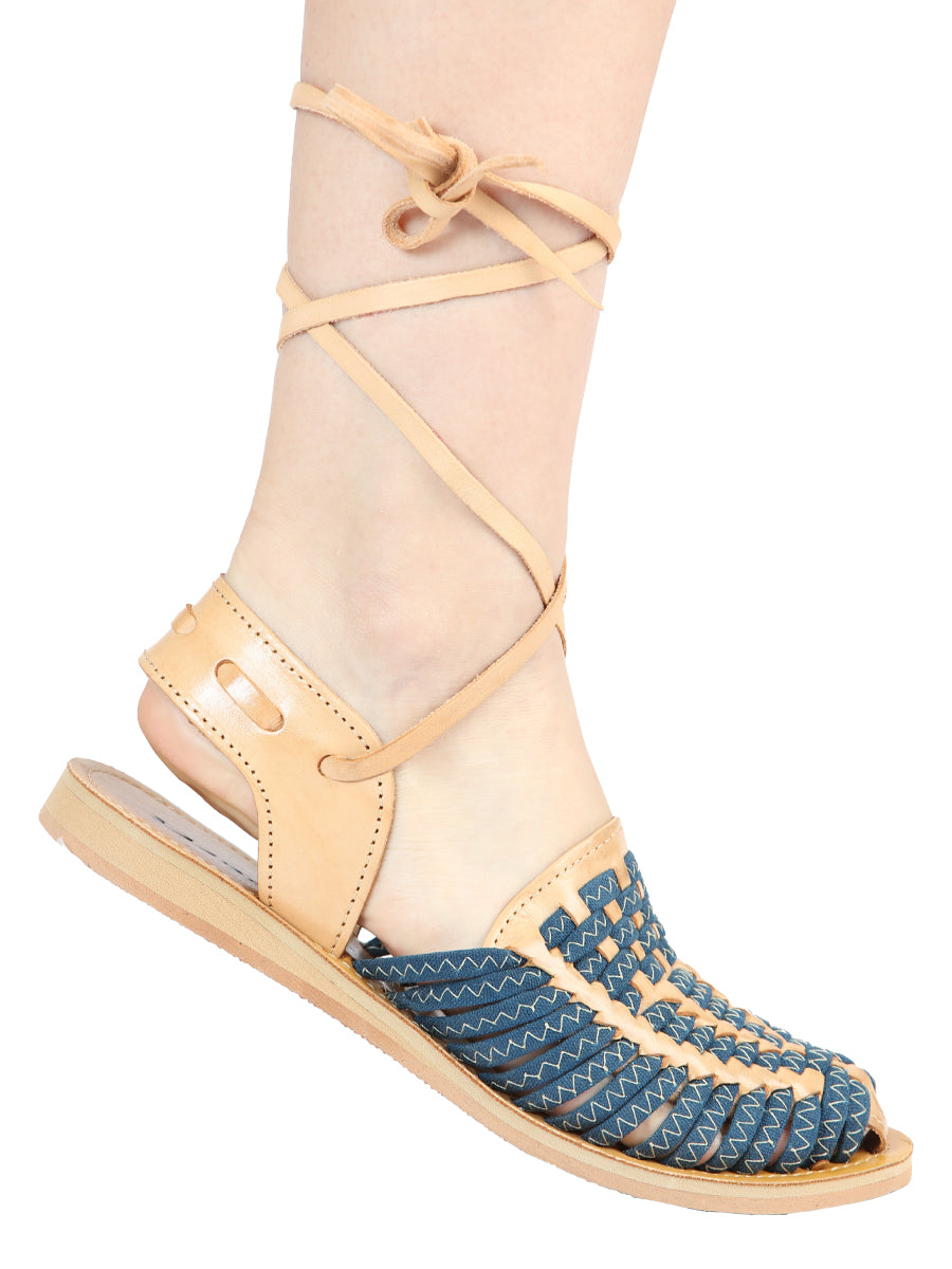 Mexican Artisan Sandals, Leather, Tan/Blue 604019