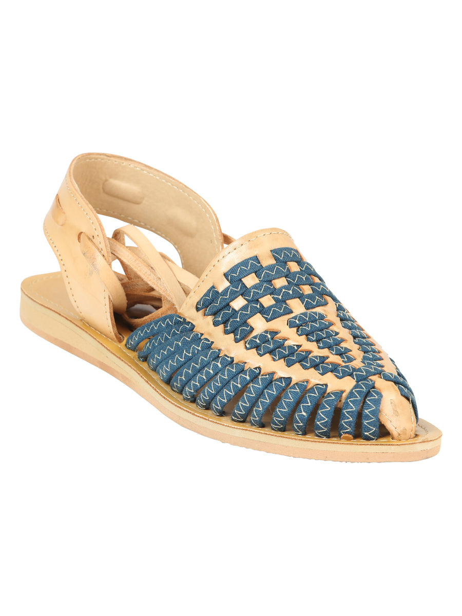 Mexican Artisan Sandals, Leather, Tan/Blue 604019